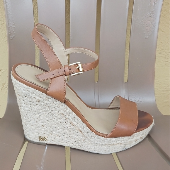 Michael Kors Brown Leather Wedge Sandals - Picture 1 of 4